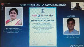 SSIP Prashansha Award 2020-SSIP Coordinator Best Institute awarded to  Prof( Dr.) Manish Thakkar
