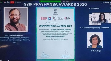 SSIP Prashansha Award 2020-Best Institute awarded to L. D. College of Engineering, Ahmedabad received by Dr. Rajul. K. Gajjar(Principal)