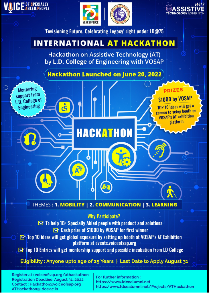 International Hackathon For Specially Abled People Organized By L.D.C.E. In Association With VOSAP Under The Aegis Of LD@75
