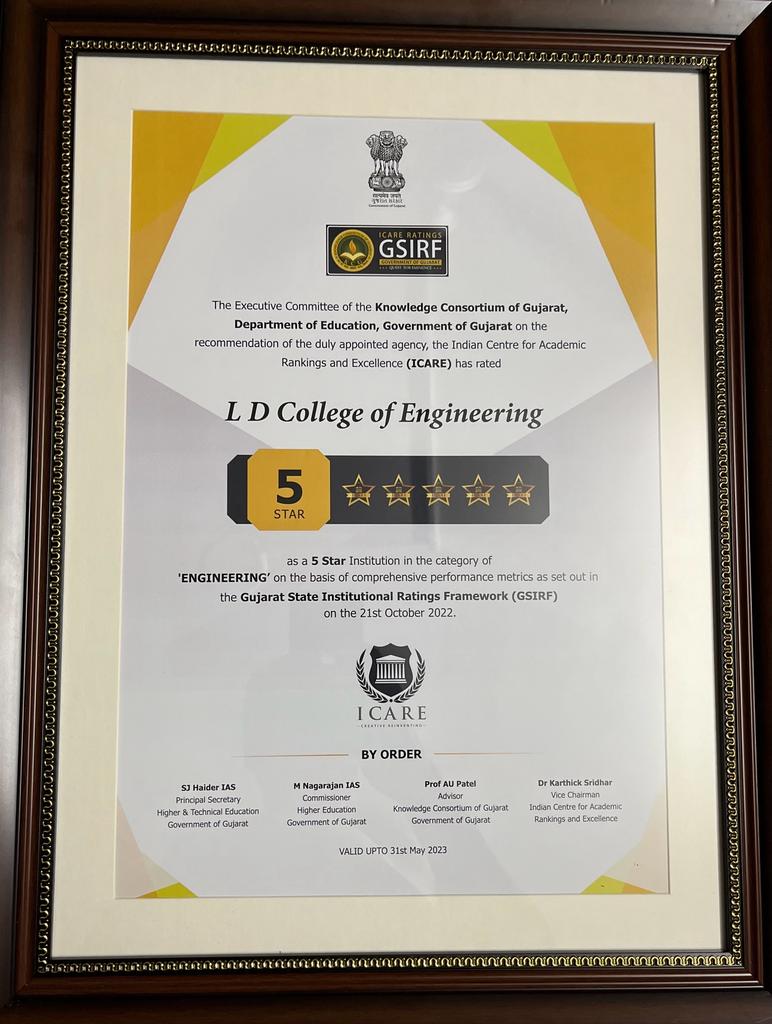 LDCE received second time highest rating of 5 stars at Gujarat State Institutional Ranking Framework 2022